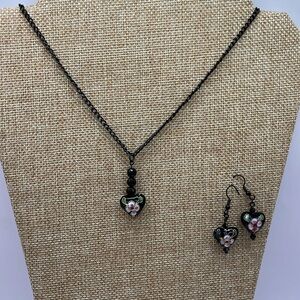 Black Heart Pendant Necklace and Earrings with Floral Design Black Chain link